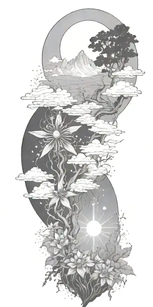 Jesus Christ's resurrection, different types of flowers, Trees, clouds of fire, nature, stars, mountains, strength tattoo design idea