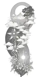 Jesus Christ's resurrection, different types of flowers, Trees, clouds of fire, nature, stars, mountains, strength tattoo design idea