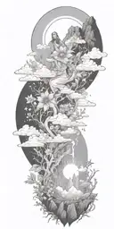Jesus Christ's resurrection, different types of flowers, Trees, clouds of fire, nature, stars, mountains, strength tattoo design idea