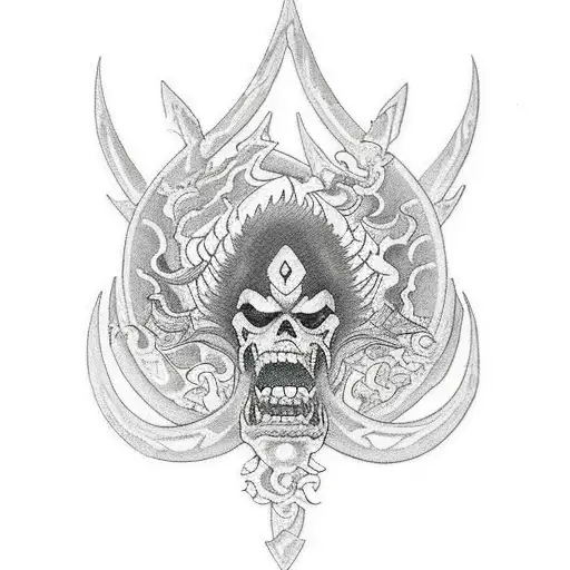 Japanese "Trident Flaming Power" Tattoo Idea BlackInk AI