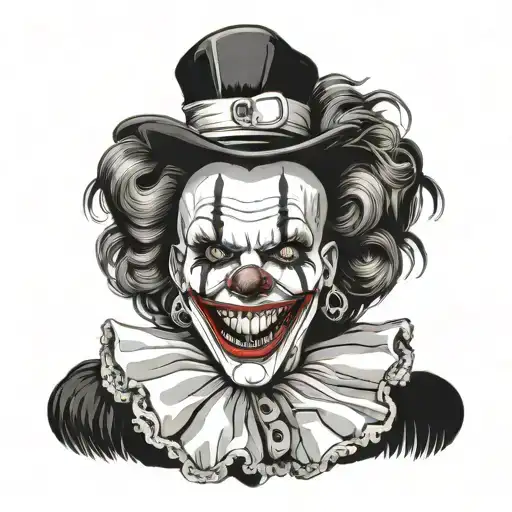 woman dressed as gothic clown with creepy smile and showing teeth tattoo design idea
