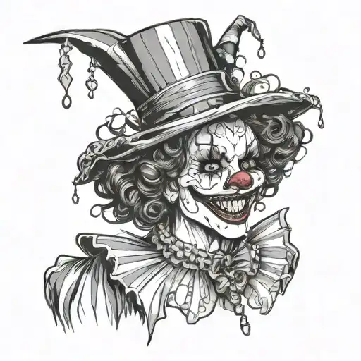 woman dressed as gothic clown with creepy smile and showing teeth tattoo design idea