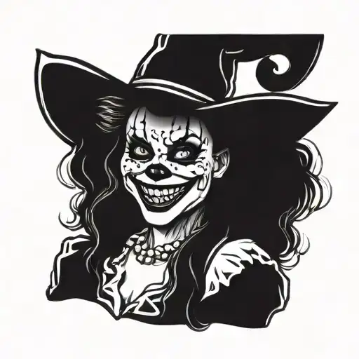 woman dressed as gothic clown with creepy smile and showing teeth tattoo design idea