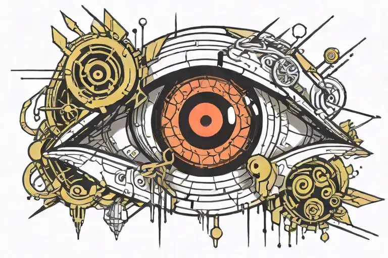 A futuristic cybernetic eye with anime-inspired details and a subtle reference to Itachi's Sharingan tattoo design idea
