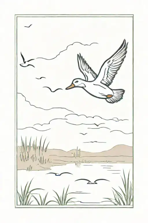 Marsh Lands with duck flying tattoo design idea