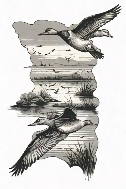 Marsh lands with ducks flying across tattoo design idea