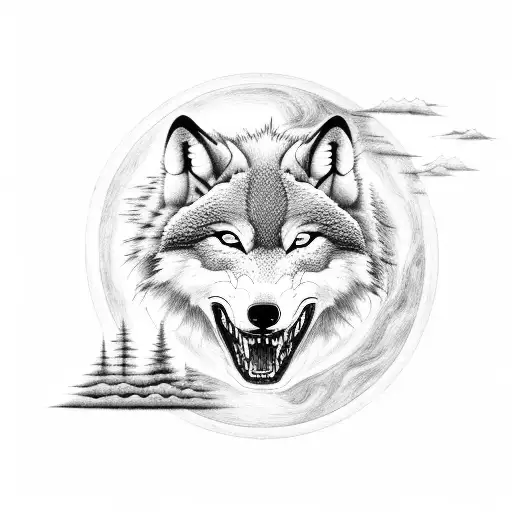 Yin yang wolf surrounded by a mystical forest tattoo design idea