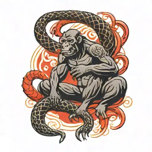 Imagine an snake choking a gorilla black and white red Japanese tattoo tattoo design idea