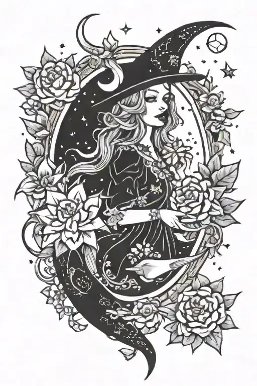 moon, stars, flowers, witch, crystals tattoo design idea