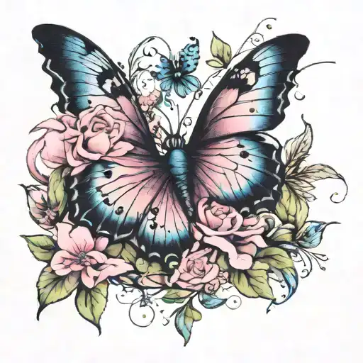A clump of pink delicate flowers with two black butterflies(blue and green accents on wings) tattoo design idea