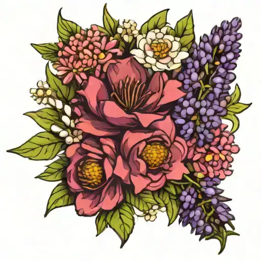 bouquet of lavender, aster, and lupin intertwin tattoo design idea