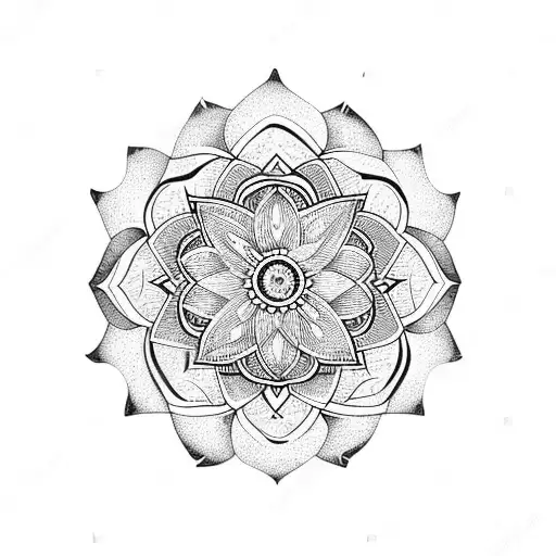 mandala lotus flower with Crescent moon, stylized catholic cross,   tattoo design idea