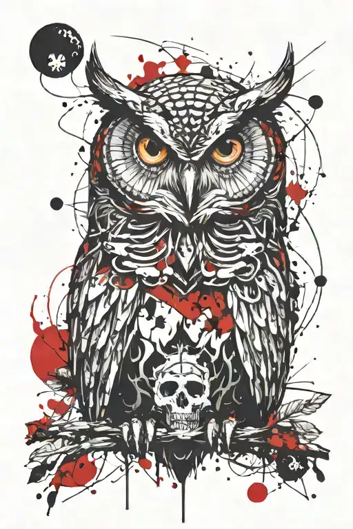 owl with skull face morphing tattoo design idea