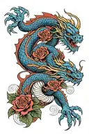 blue and red dragons and roses tattoo design idea