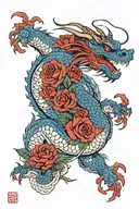 blue and red dragons and roses tattoo design idea