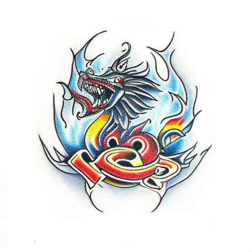 chupacabra with flames and "born to love" tattoo design idea