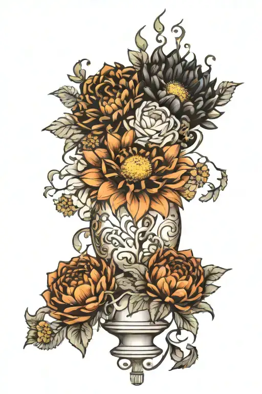 chrysanthemum and black sunflowers tangled together with Sagittarius birth stone and a Leo birthstone vase  tattoo design idea