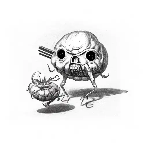 tomato face with legs with guns  tattoo design idea