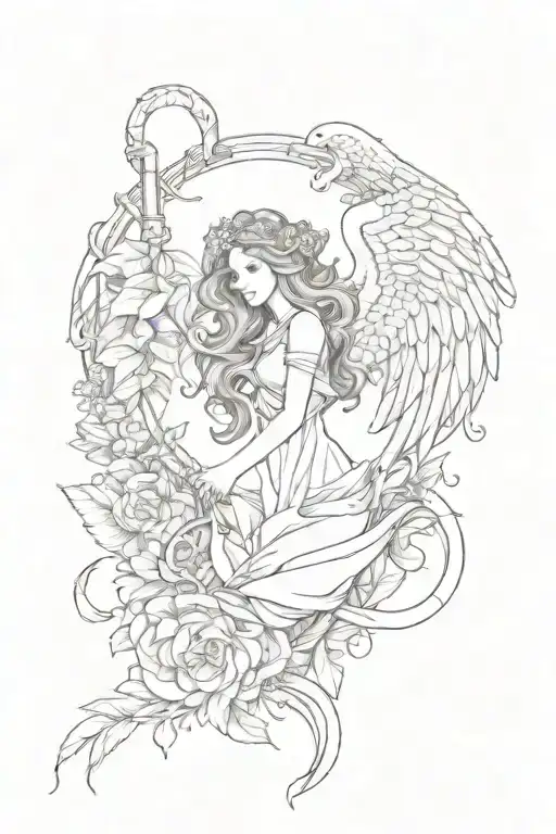 Dalias and Anchor angel wings tattoo design idea