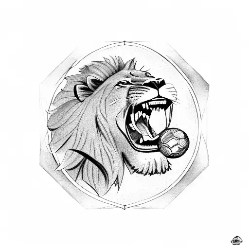 A majestic lion holding a soccer ball in its mouth, representing your love for both sports and your daughter tattoo design idea