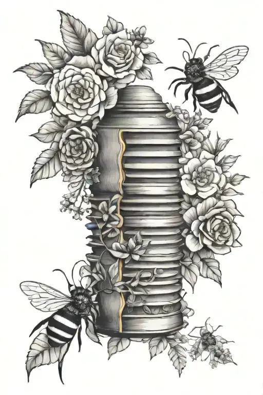 rib cage flowers and bee hive tattoo design idea