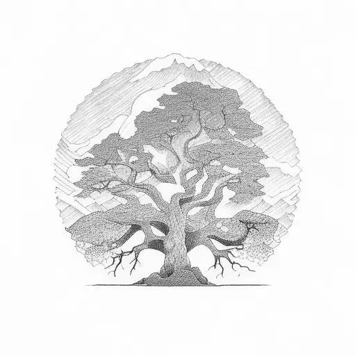 oak tree and mountains tattoo design idea