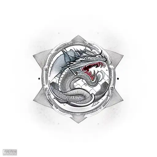 ouroboros dragon in a circle eatting its own tail with the scales in the shape of a mountain range tattoo design idea