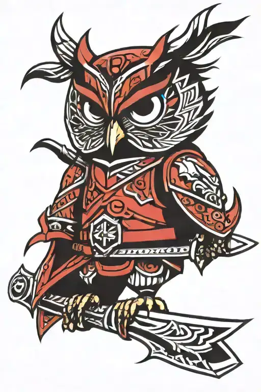 cartoon owl in red samurai armor with a katana tattoo design idea