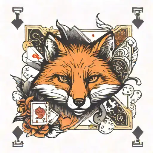 Small minimal fox sitting on a square background, accented by calligraphy brush strokes, with 4 large Aces playing cards tattoo design idea