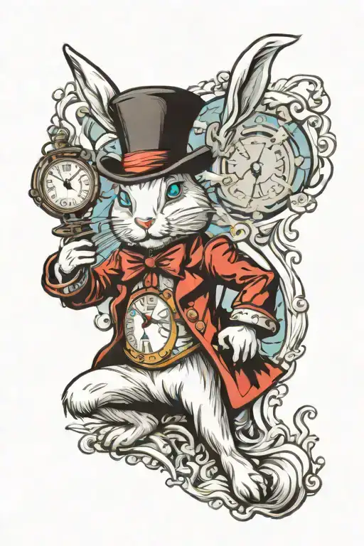Alice in Wonderland white rabbit holding pocket watch with water inside tattoo design idea
