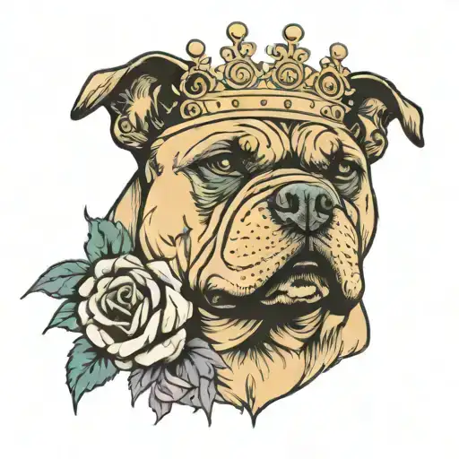 A new-school style tattoo of an American Bully dog wearing a crown and surrounded by roses tattoo design idea