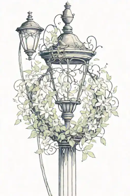 black hole at the base of a lamp post covered in vines and lilies  tattoo design idea