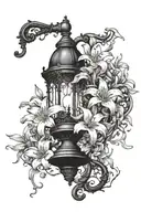 a lamp post covered in vines and lilies coming out of a black hole  tattoo design idea