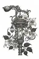 a lamp post covered in vines and lilies coming out of a black hole  tattoo design idea
