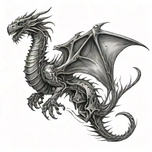 A sleek robotic dragon flying through a stormy sky, with wind whipping around its metallic scales and wings tattoo design idea