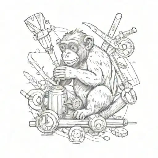 An intricate tattoo of various tools scattered around a monkey's playful scene, representing the client's love for both animals and craftsmanship tattoo design idea