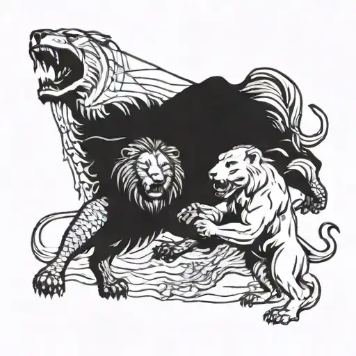 A lion and a bear facing off in a historical battle scene tattoo design idea