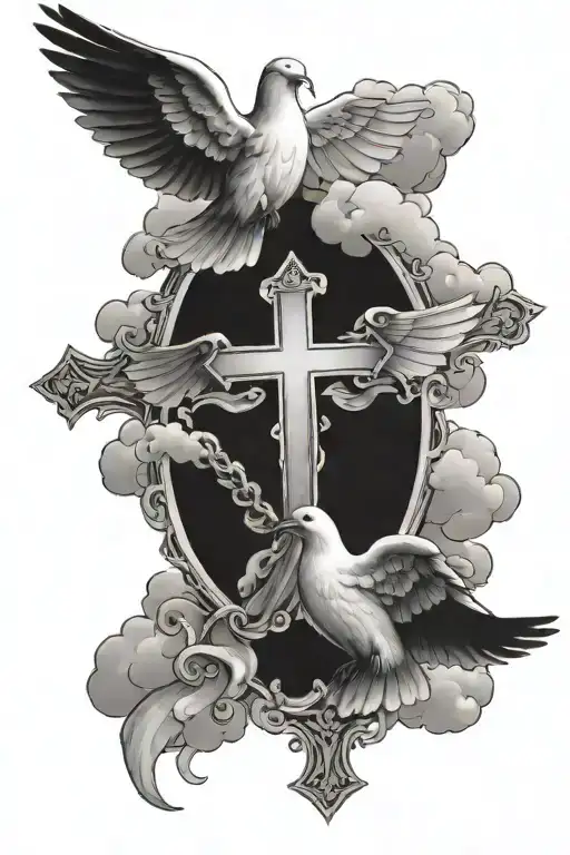cross clouds doves god   tattoo design idea