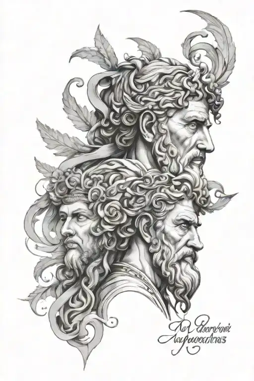Create a realistic tattoo design for the forearm that features Marcus Aurelius and Seneca, emphasizing the theme of pers tattoo design idea