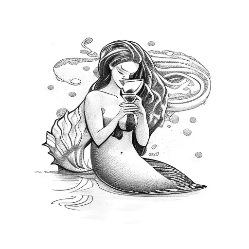 mermaid drinking wine tattoo design idea