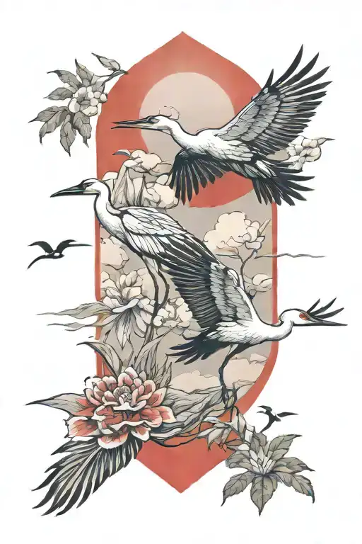 tattoo design has two elongated vertical panels, each showcasing cranes, red sun, nature background tattoo design idea