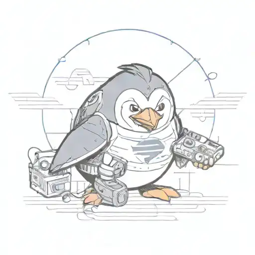 A penguin wearing a football jersey with the Buffalo Bills logo, surrounded by gaming symbols like controllers and consoles tattoo design idea