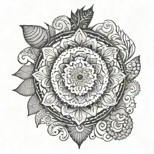 An intricate mandala design featuring elements of the beach, such as seashells and waves, with a hidden turtle motif tattoo design idea