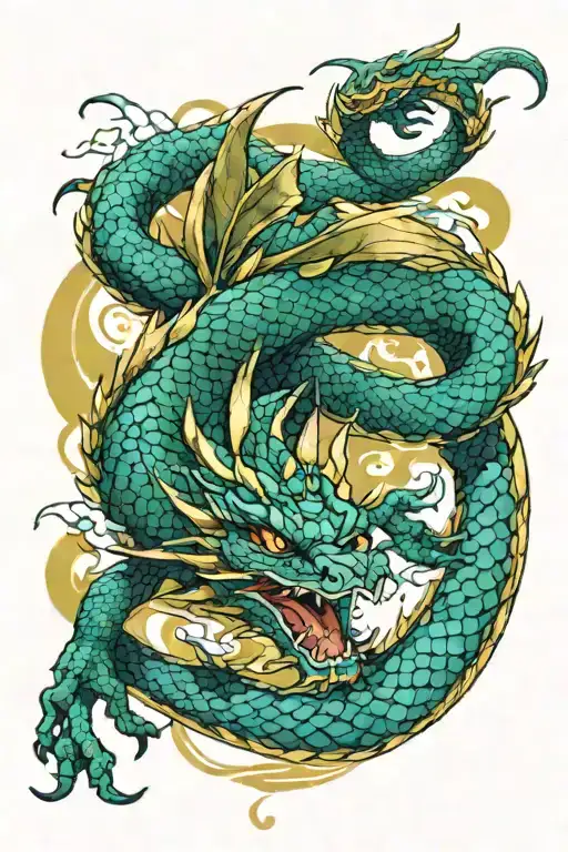 A powerful Eastern dragon, its scales shimmering in shades of blue, green, and gold tattoo design idea