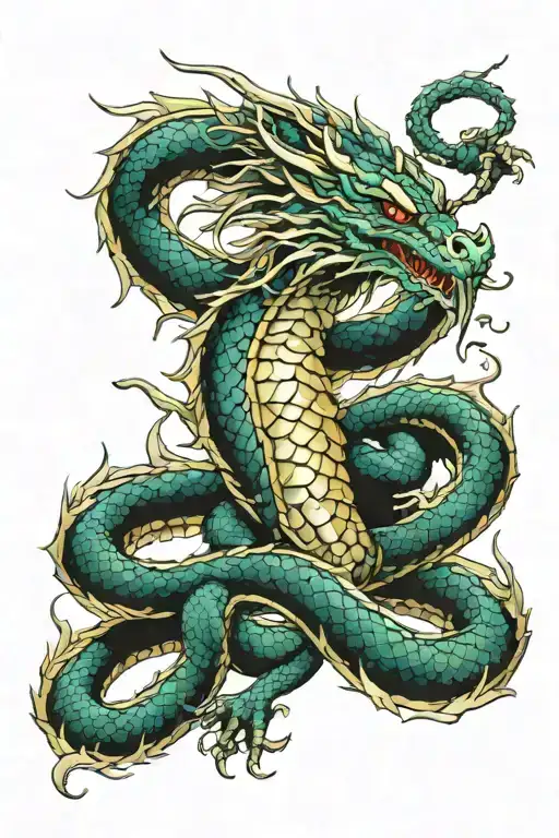 A powerful Eastern dragon, its scales shimmering in shades of blue, green, and gold tattoo design idea