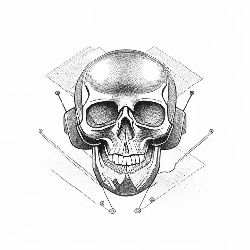 video camera shaped like a skull, flanked by crossing audio boom poles tattoo design idea