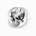 video camera shaped like a skull, flanked by crossing audio boom poles tattoo design idea