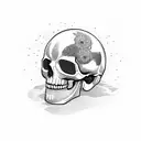 video camera shaped like a skull, flanked by crossing audio boom poles tattoo design idea