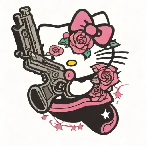 hello kitty holding a pink gun with stars and a pink rose cartoon style tattoo tattoo design idea