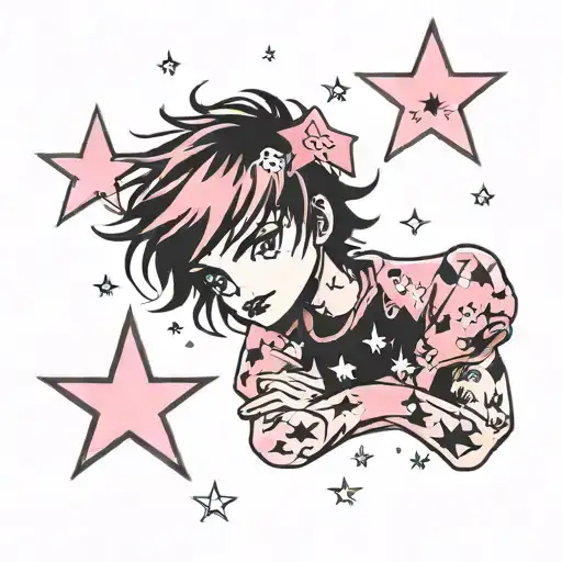 emo boy with Y2K stars pink and black  tattoo design idea